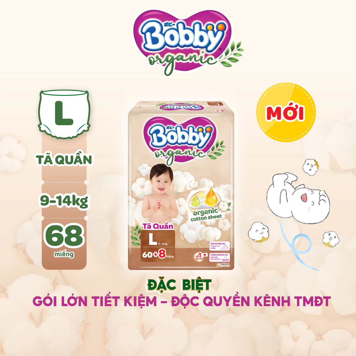  Tã quần cao cấp Bobby Organic chăm sóc dịu nhẹ từ thiên nhiên M72+8/L60+8/XL56+8/XXL54+6 