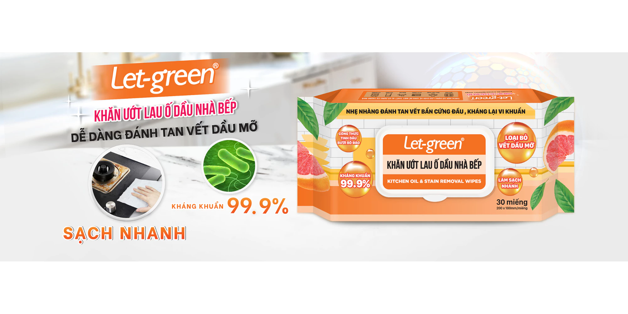  Khăn Ướt Lau Bếp LET-GREEN Sạch Ố Dầu, 30 Miếng/Bao 