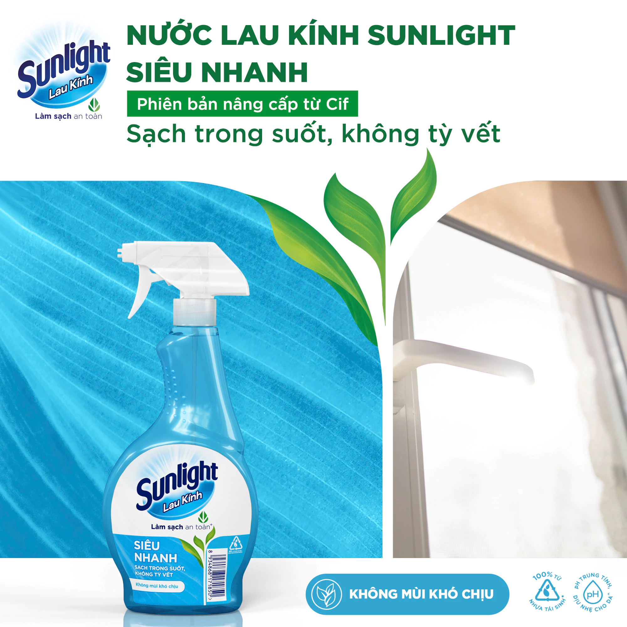  Nước lau kính Sunlight Siêu nhanh Phiên bản nâng cấp từ Cif Sạch trong suốt, không tỳ vết Chai 520ml 
