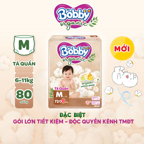 Tã quần cao cấp Bobby Organic chăm sóc dịu nhẹ từ thiên nhiên M72+8/L60+8/XL56+8/XXL54+6 