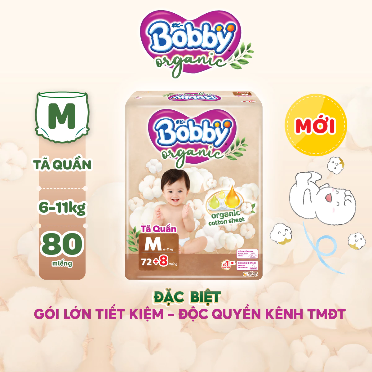  Tã quần cao cấp Bobby Organic chăm sóc dịu nhẹ từ thiên nhiên M72+8/L60+8/XL56+8/XXL54+6 