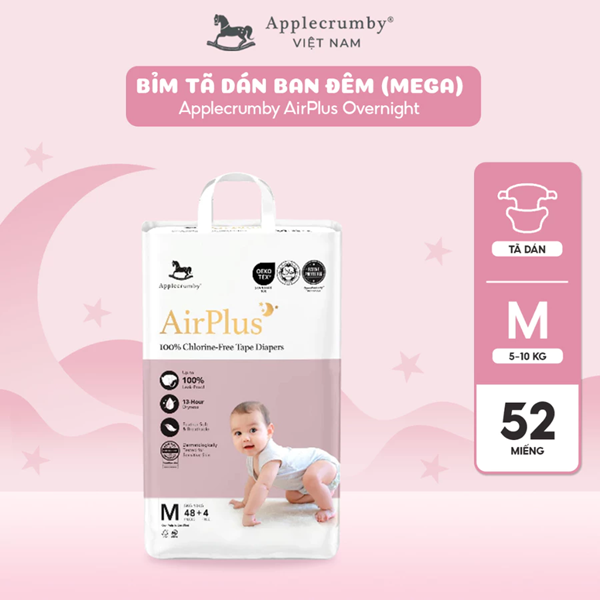  Bỉm tã dán đêm Applecrumby Airplus Overnight Tape size S - XL thoải mái cho bé 