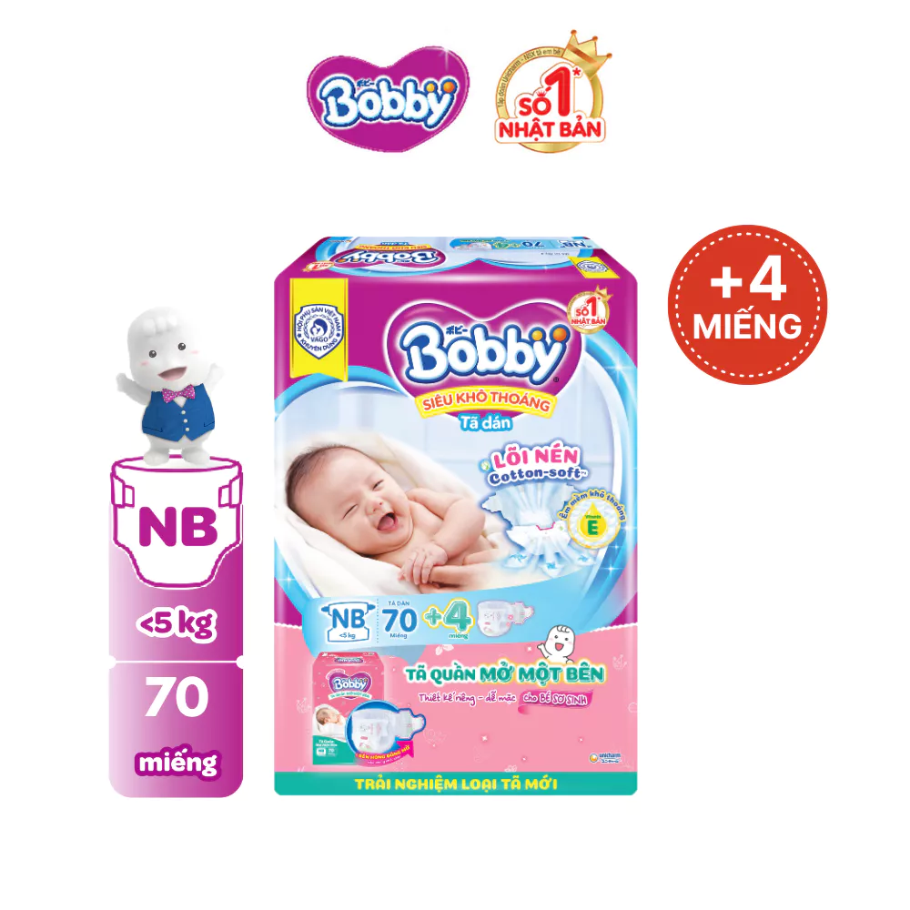  Tã dán sơ sinh Bobby NB70/S54/M46 mới- Lõi nén cotton-soft 3mm 