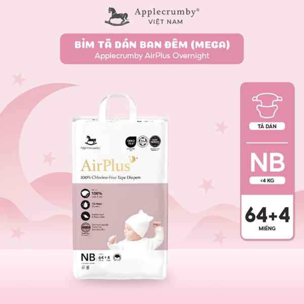  Bỉm tã dán đêm Applecrumby Airplus Overnight Tape size S - XL thoải mái cho bé 