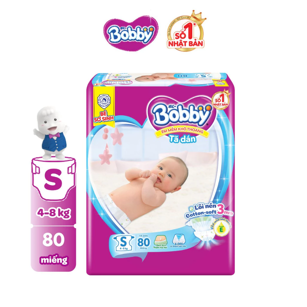  Tã dán Bobby S80/M76/L68/XL62/XXL56 mới- Lõi nén cotton-soft 3mm 
