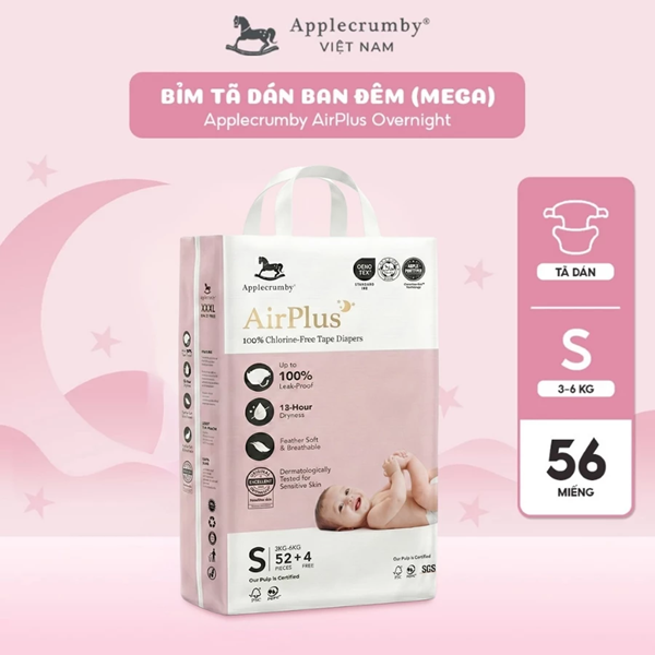  Bỉm tã dán đêm Applecrumby Airplus Overnight Tape size S - XL thoải mái cho bé 