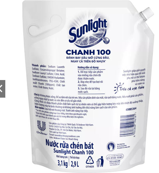  Nước Rửa Chén Bát Sunlight Chanh 100 Sạch Dầu Mỡ Đồ Nhựa Túi 3.1-3.5 Kg 