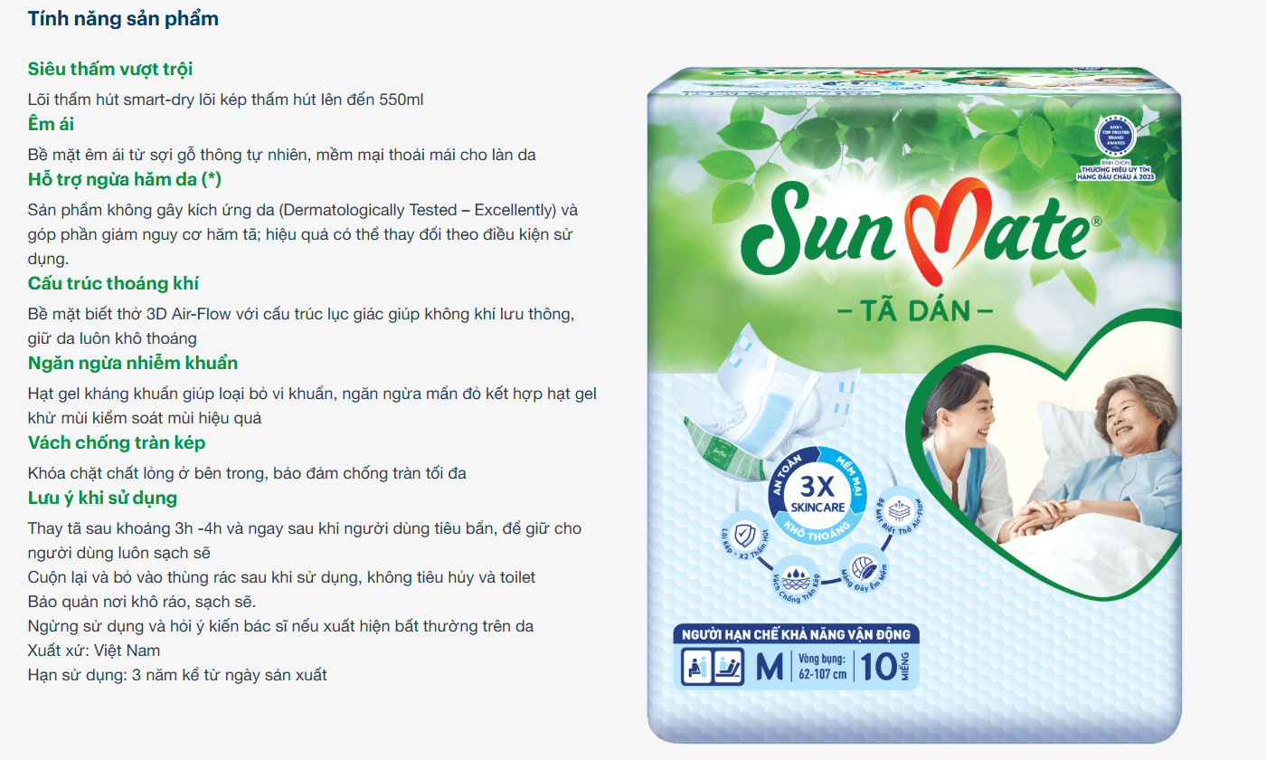  Tã dán người lớn SunMate M18/L18/XL18 + 2 miếng 