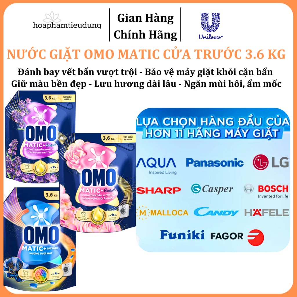  Nước giặt OMO Matic Cửa trước 3.6 Kg giữ màu, ngăn ẩm mốc, hương oải hương thư thái 