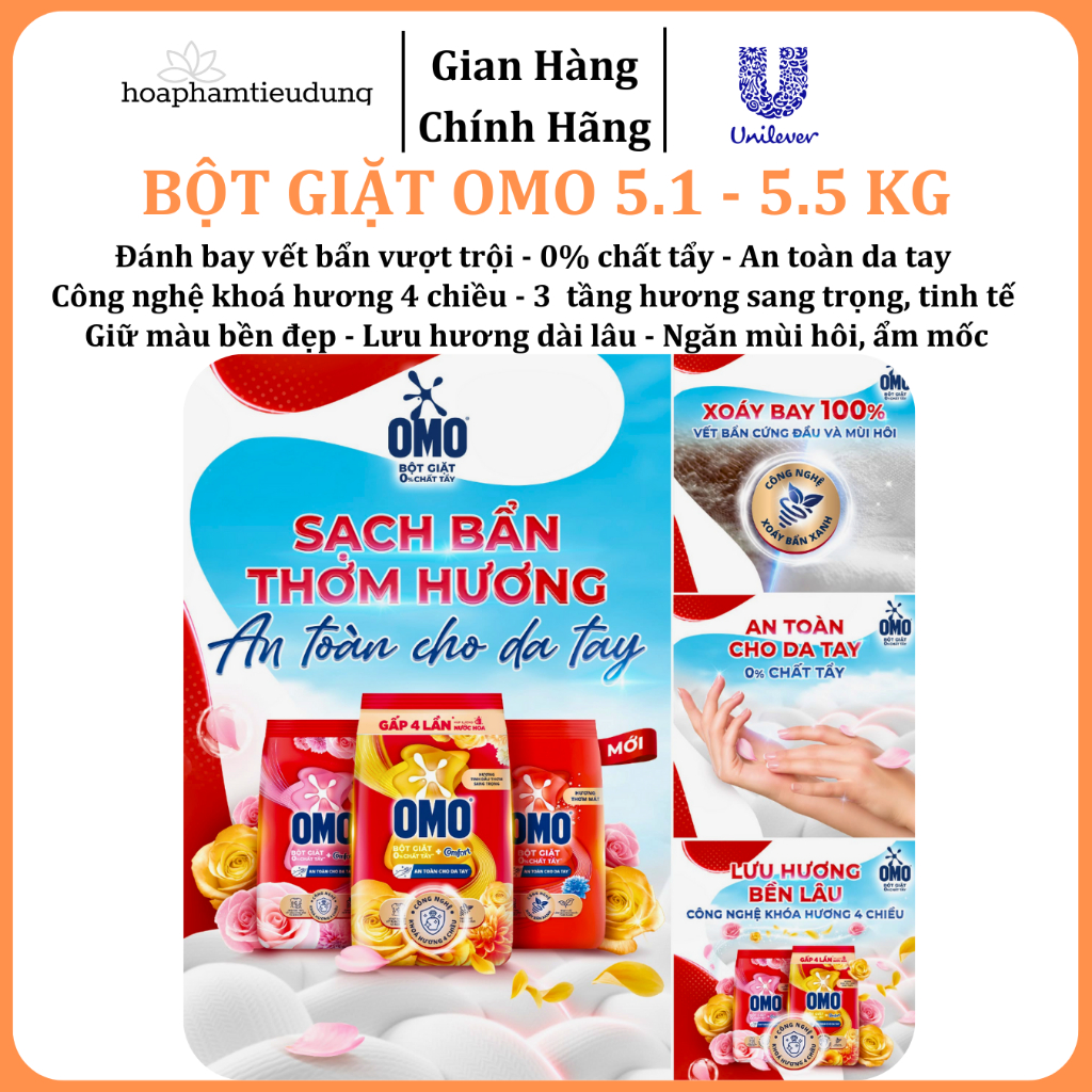  Bột giặt Omo Comfort 0% chất tẩy, tinh dầu thơm sang trọng 5.1 - 5.5 kg 