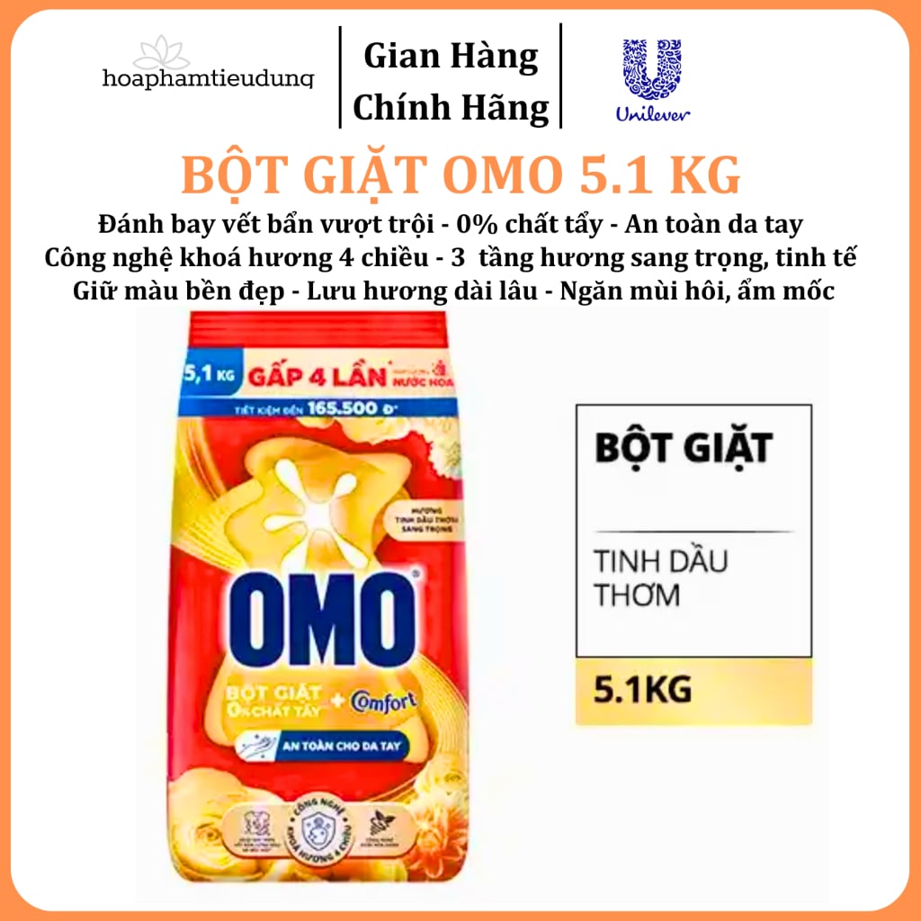  Bột giặt Omo Comfort 0% chất tẩy, tinh dầu thơm sang trọng 5.1 - 5.5 kg 