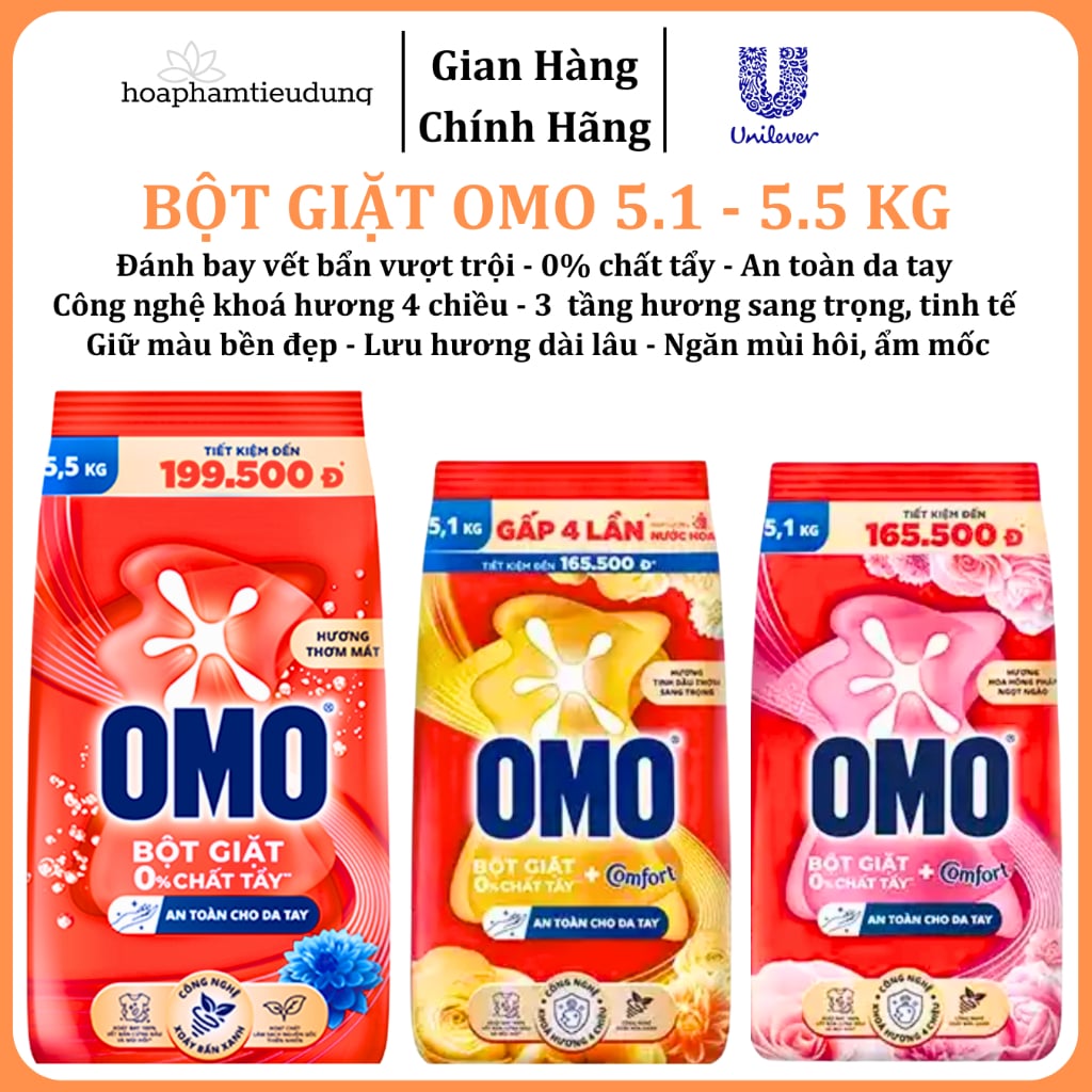  Bột giặt Omo Comfort 0% chất tẩy, tinh dầu thơm sang trọng 5.1 - 5.5 kg 