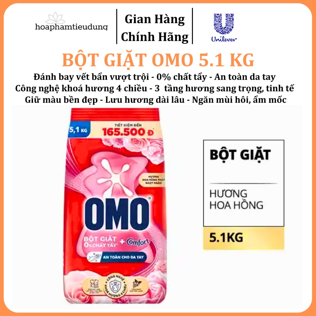  Bột giặt Omo Comfort 0% chất tẩy, tinh dầu thơm sang trọng 5.1 - 5.5 kg 