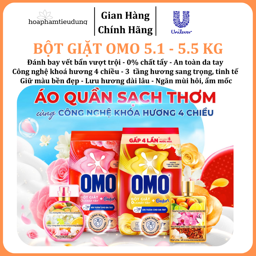  Bột giặt Omo Comfort 0% chất tẩy, tinh dầu thơm sang trọng 5.1 - 5.5 kg 
