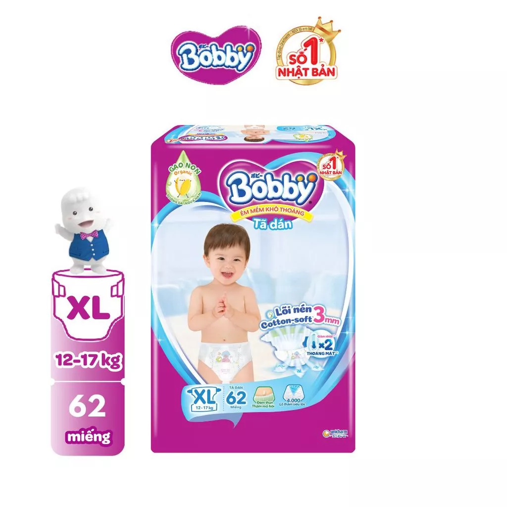  Tã dán Bobby S80/M76/L68/XL62/XXL56 mới- Lõi nén cotton-soft 3mm 