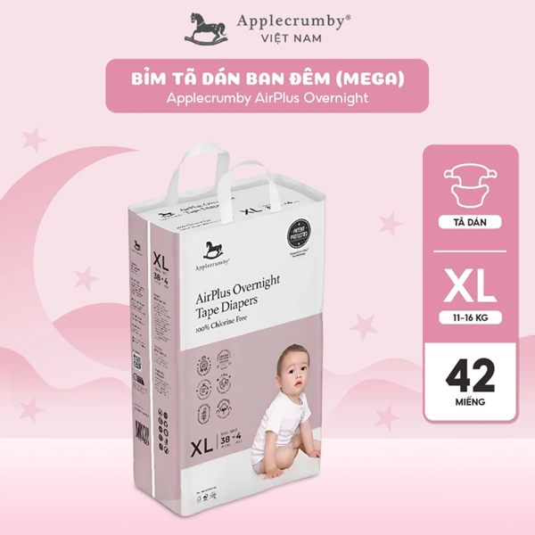  Bỉm tã dán đêm Applecrumby Airplus Overnight Tape size S - XL thoải mái cho bé 