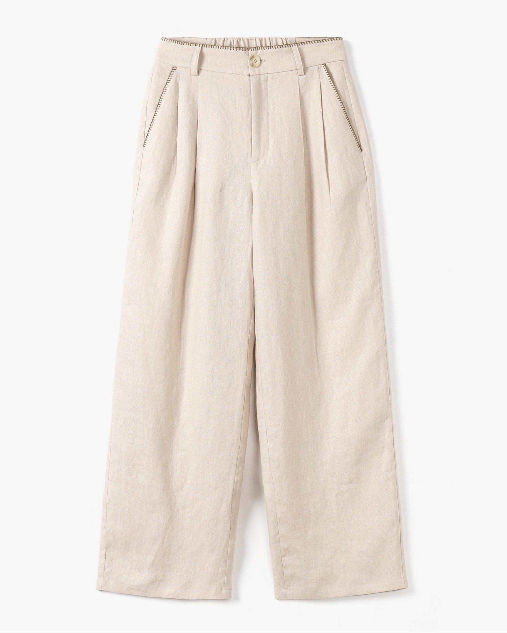 quần linen xếp nếp ống suông thêu tay-chính diện mặt trước