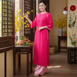  Áo Dài May Sẵn Nữ Tay Lỡ Nút Chất Liệu Gấm Màu Hồng Sang Trọng 1W23C046 
