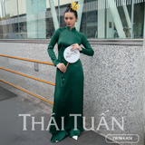  Bộ Áo Dài May Sẵn Vải Trơn Màu Xanh Lá Họa Tiết Đính Hột 1W58A024 