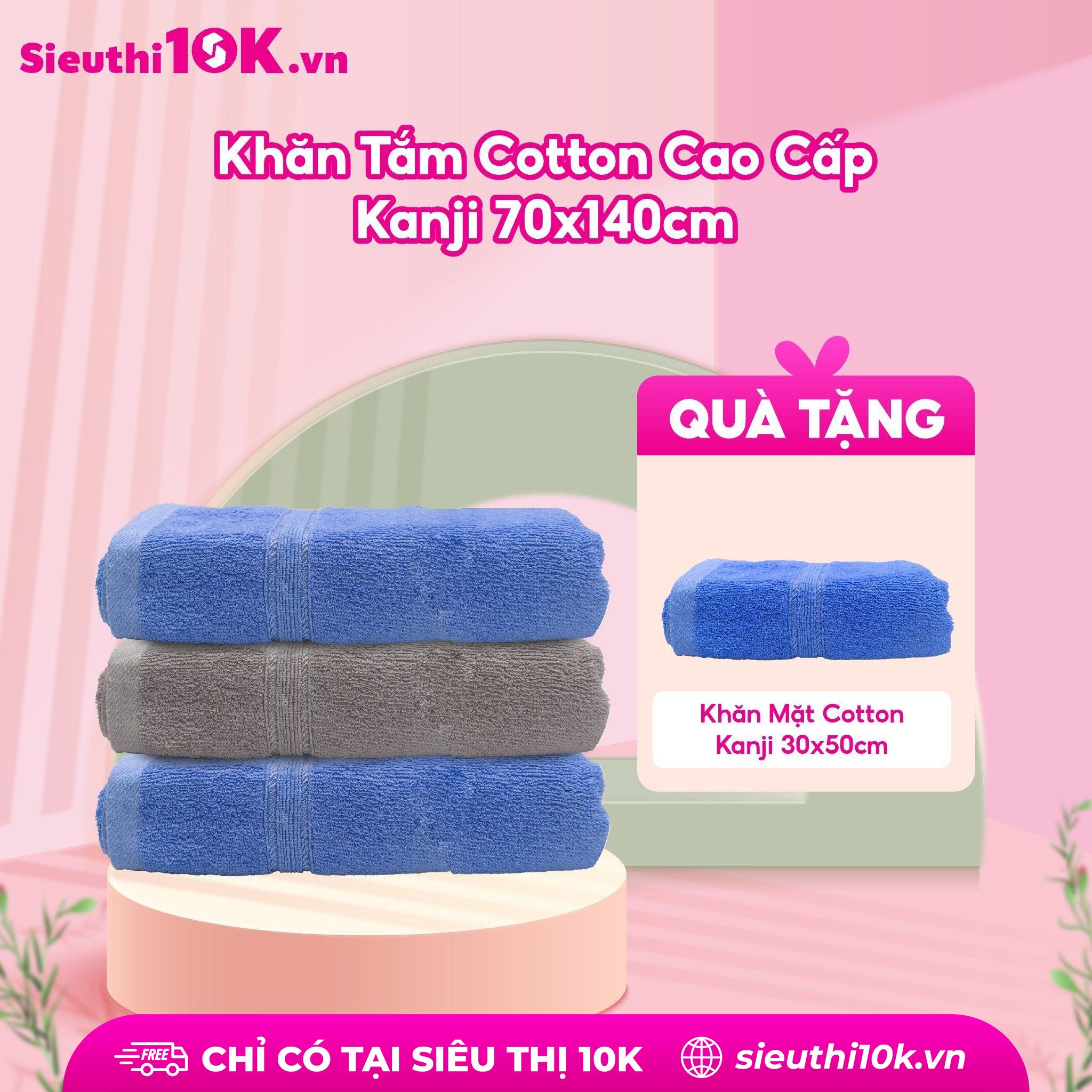  Khăn Tắm Cotton Cao Cấp Kanji Tặng Khăn Mặt 