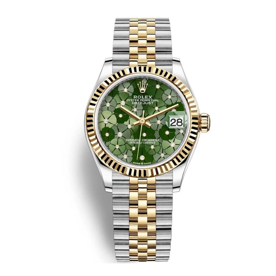 Rolex Datejust với mặt số màu xanh lá cây họa tiết hoa và dây đeo Jubilee