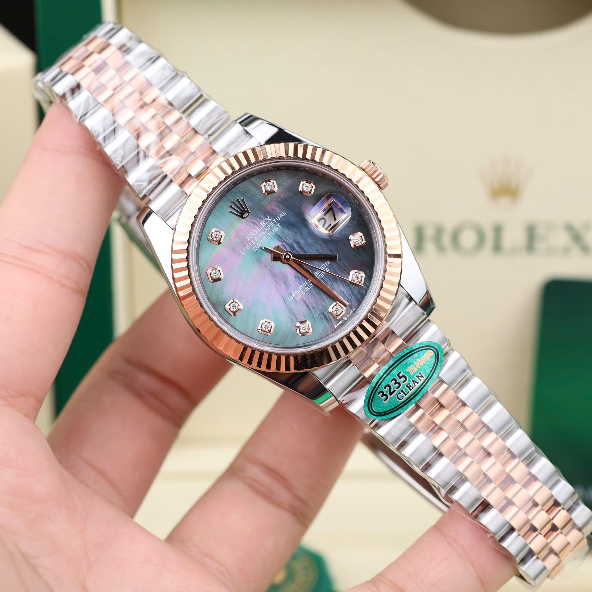 Rolex Datejust 41MM Demi Rose Gold Clean Up Dial MOP xà cừ cọc số Moissanite