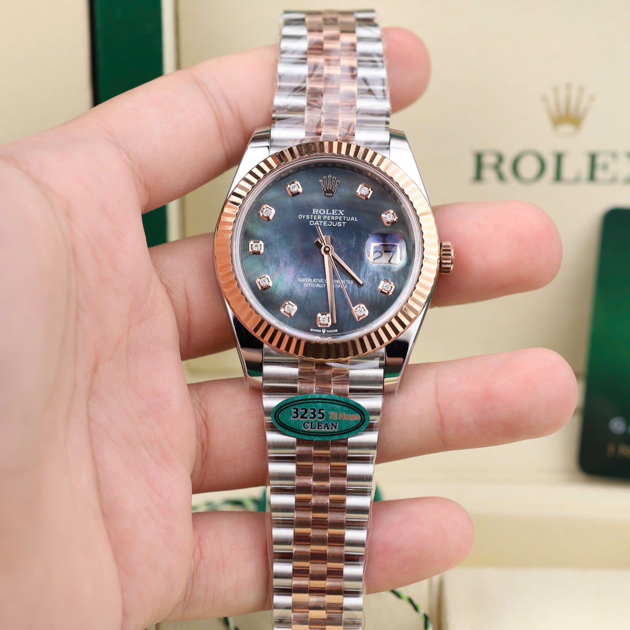 Rolex Datejust 41MM Demi Rose Gold Clean Up Dial MOP xà cừ cọc số Moissanite