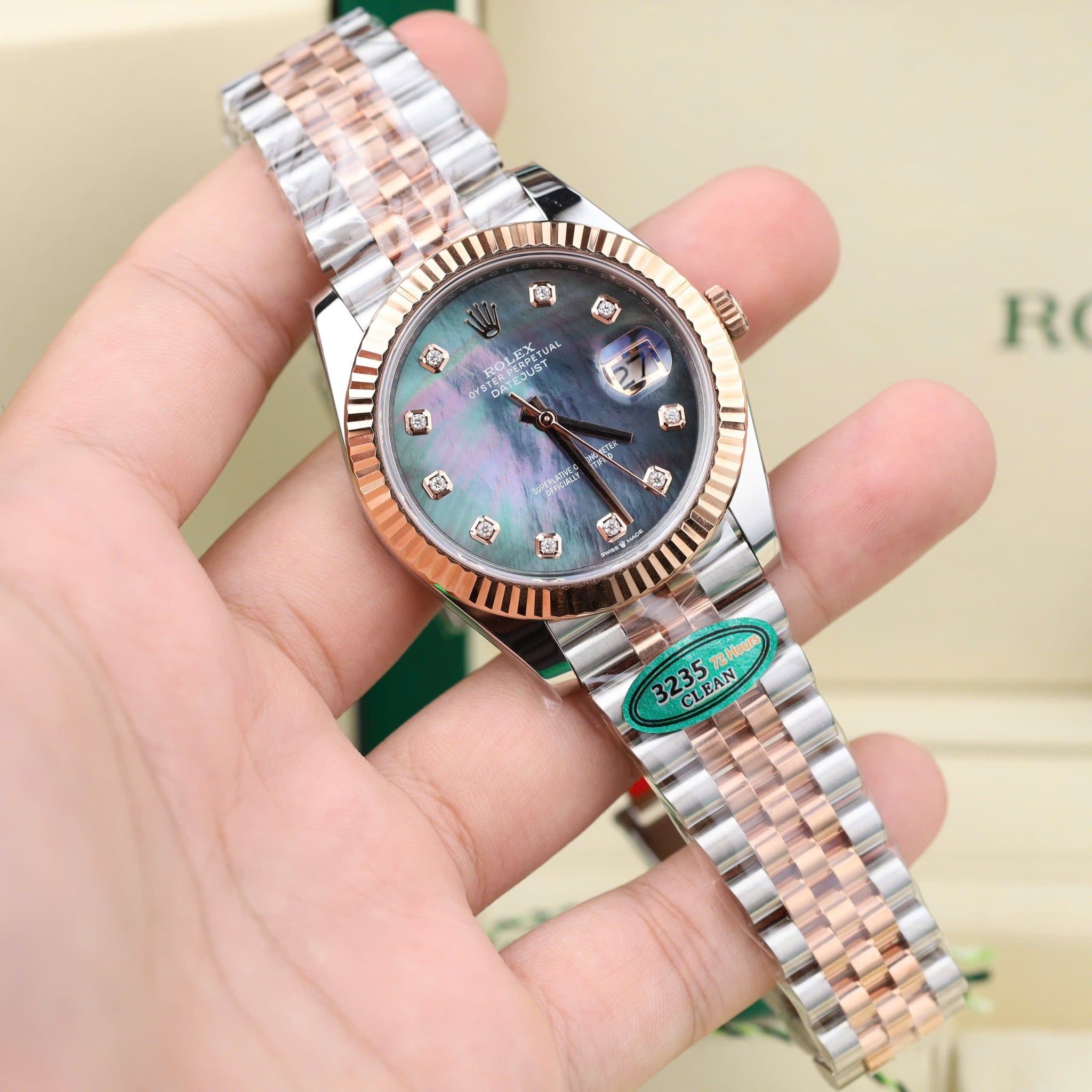 Rolex Datejust 41MM Demi Rose Gold Clean Up Dial MOP xà cừ cọc số Moissanite