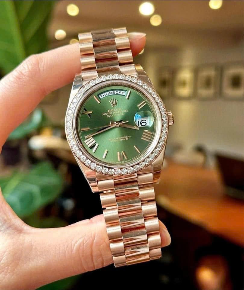 Rolex Day-Date 40 Vàng Everose 18 kt Mặt Số Xanh Ô Liu