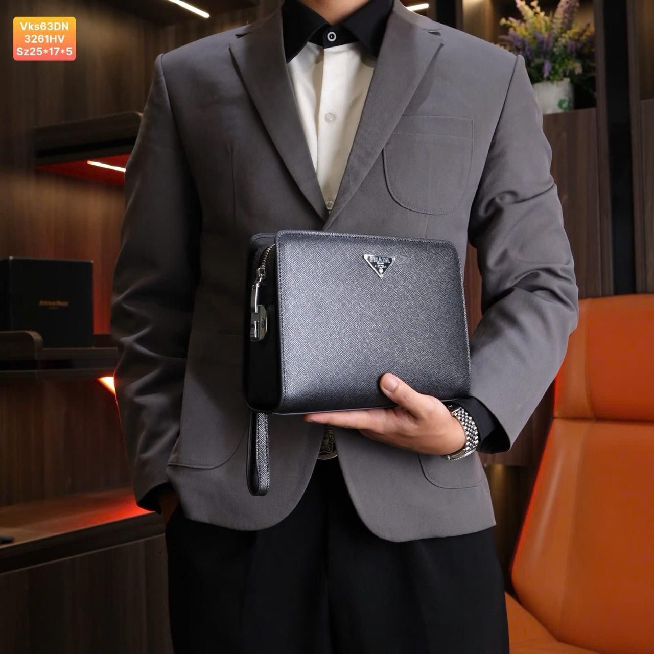 VKS63 Ví Khóa Số, Ví Nam Cầm tay, Clutch Cầm Tay Nam Da Bò Prada