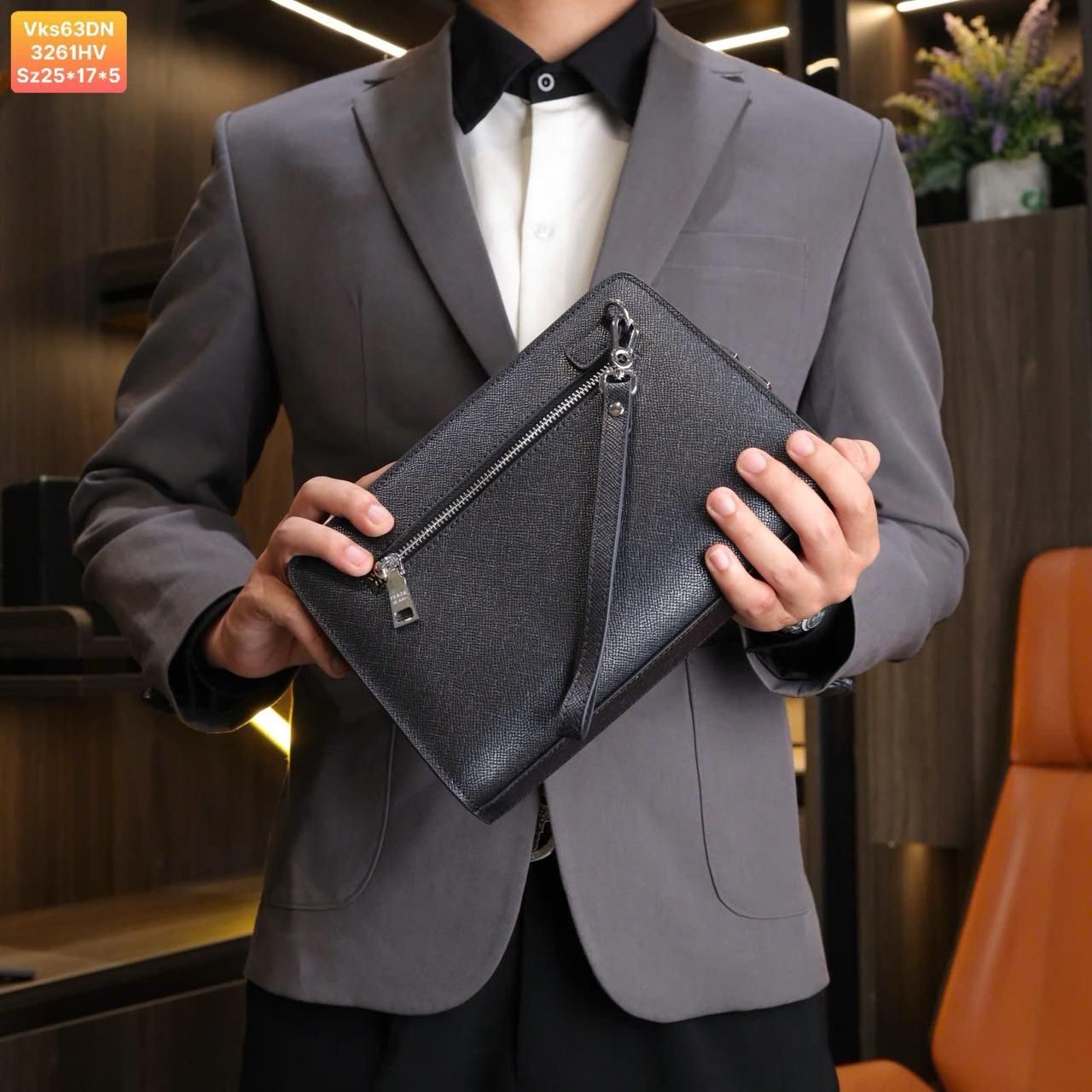 VKS63 Ví Khóa Số, Ví Nam Cầm tay, Clutch Cầm Tay Nam Da Bò Prada