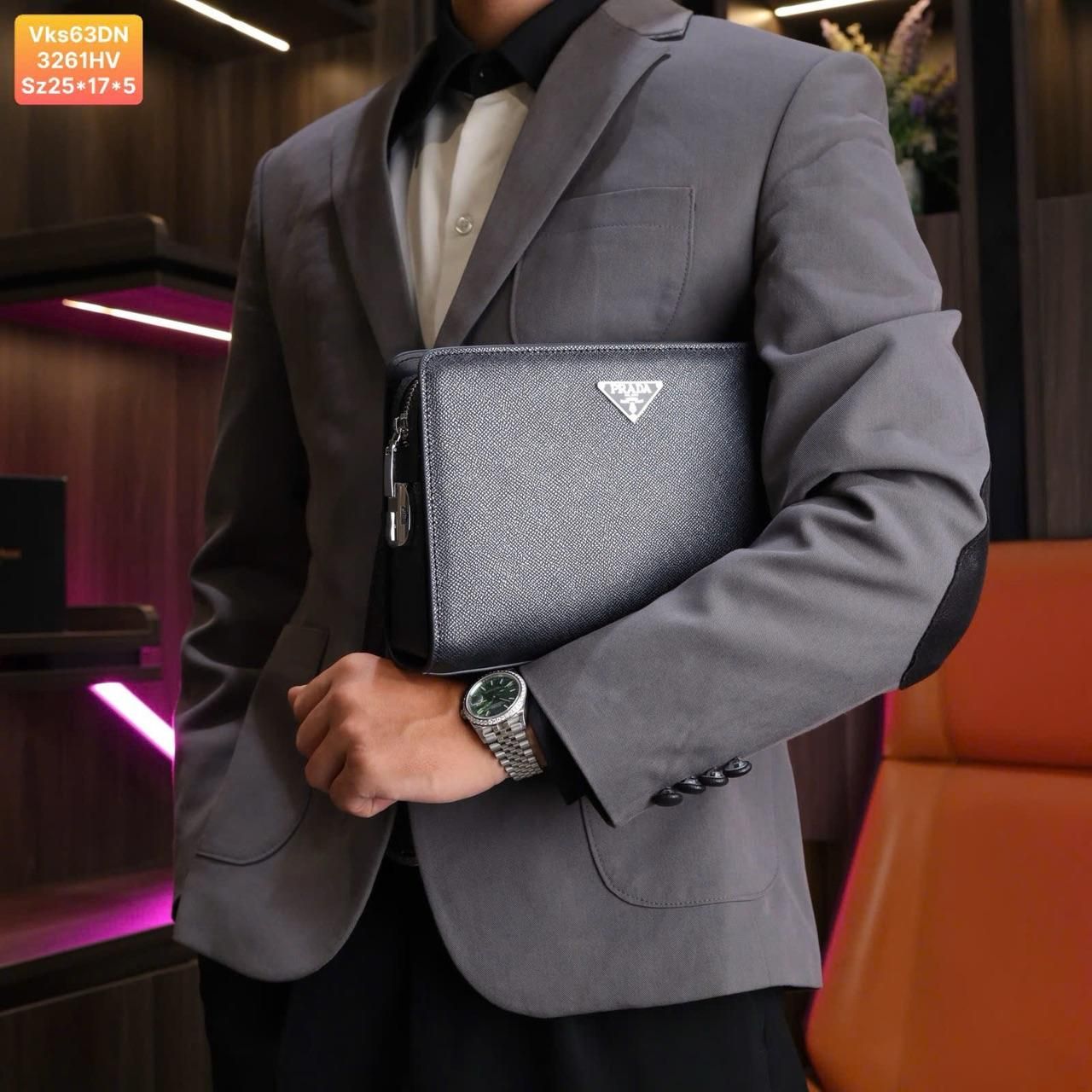 VKS63 Ví Khóa Số, Ví Nam Cầm tay, Clutch Cầm Tay Nam Da Bò Prada