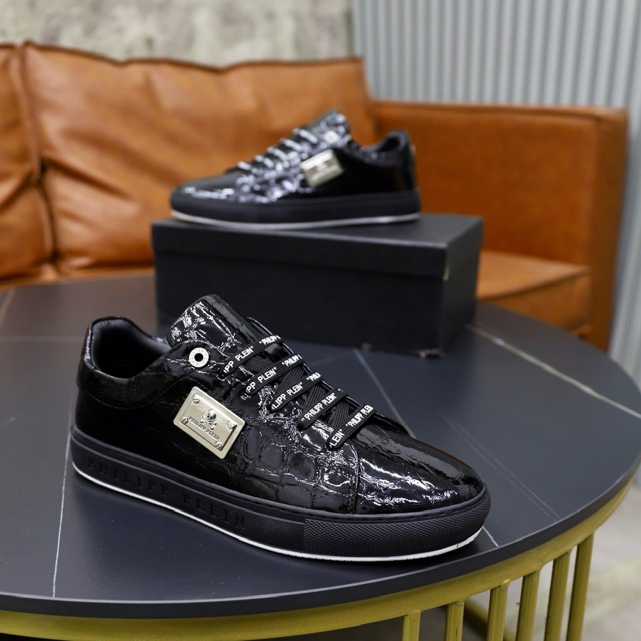 Giày Philipp Plein Cổ Thấp Da Đen Bóng