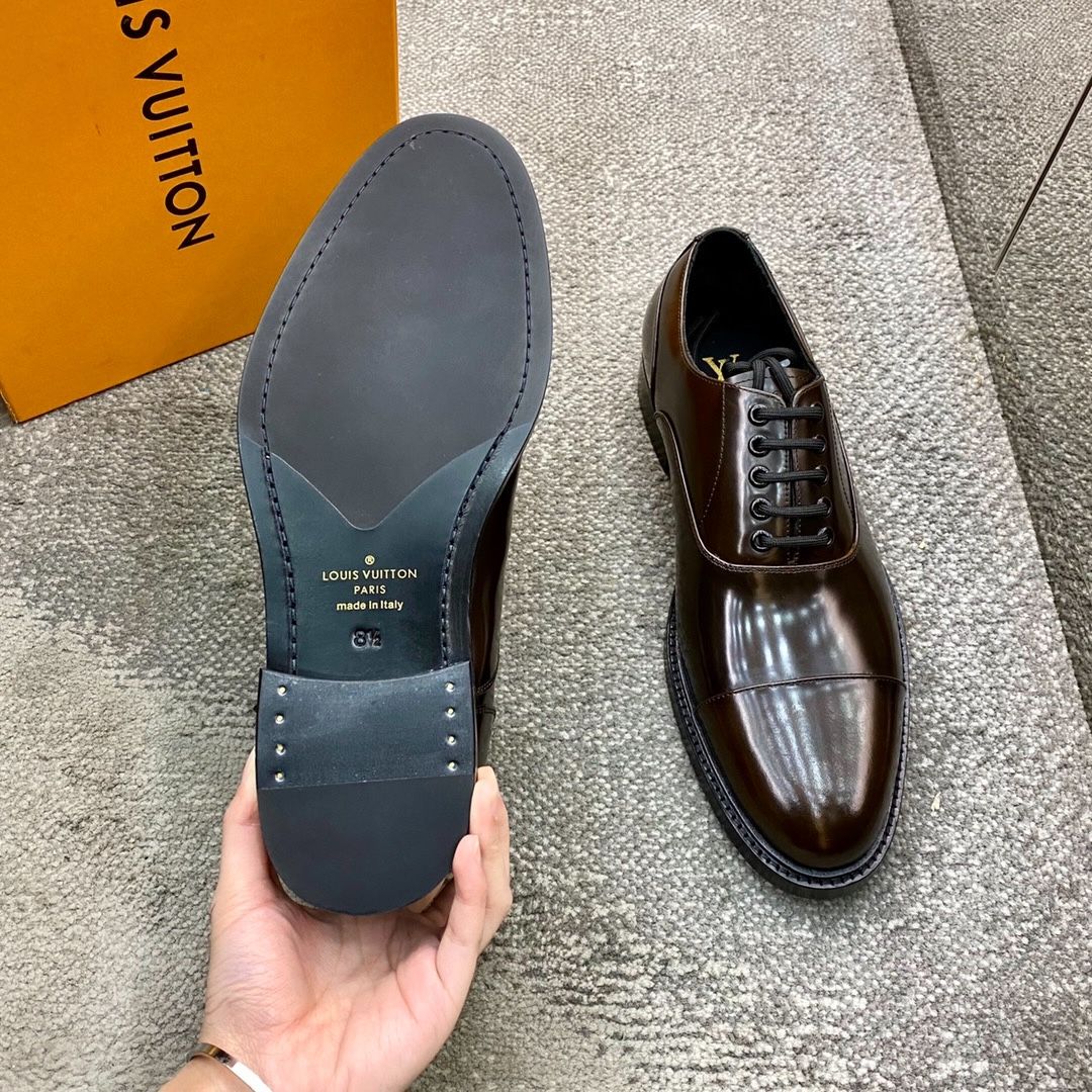 Giày Louis Vuitton Da Oxford Nâu Đỏ Bóng buộc dây