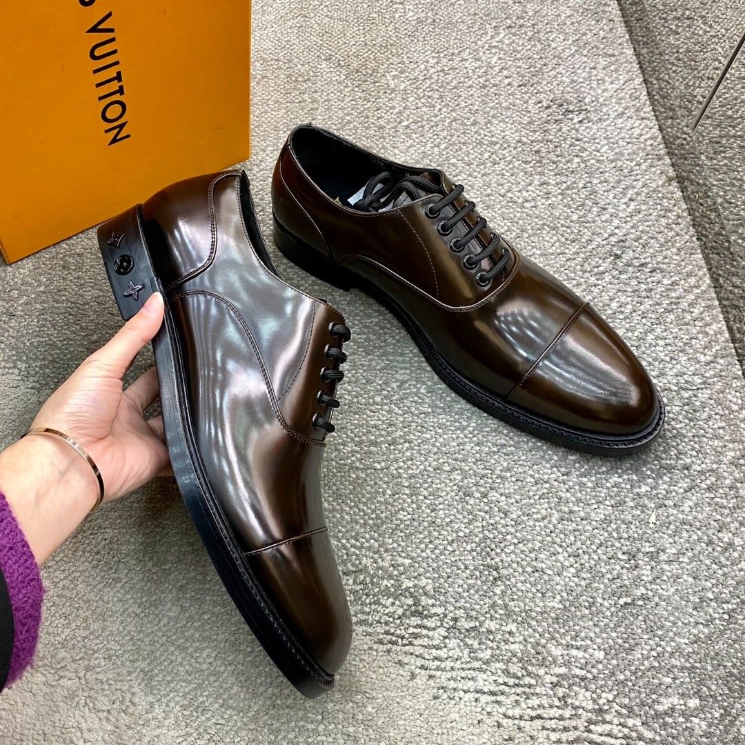 Giày Louis Vuitton Da Oxford Nâu Đỏ Bóng buộc dây
