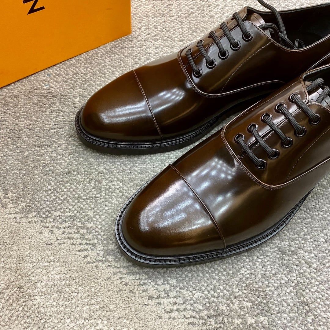 Giày Louis Vuitton Da Oxford Nâu Đỏ Bóng buộc dây