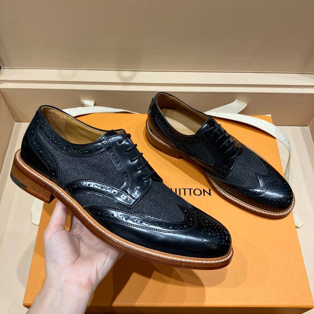 Giày Tây Louis Vuitton Oxford Màu Nâu Phối Vải buộc dây