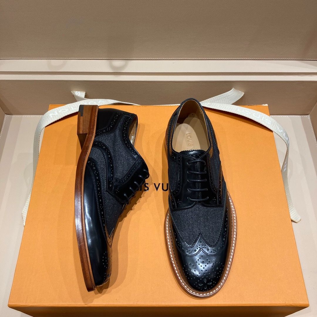 Giày Tây Louis Vuitton Oxford Màu Nâu Phối Vải buộc dây