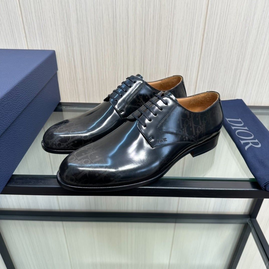Giày Tây Dior Oxford Màu Đen Bóng Họa Tiết Monogram