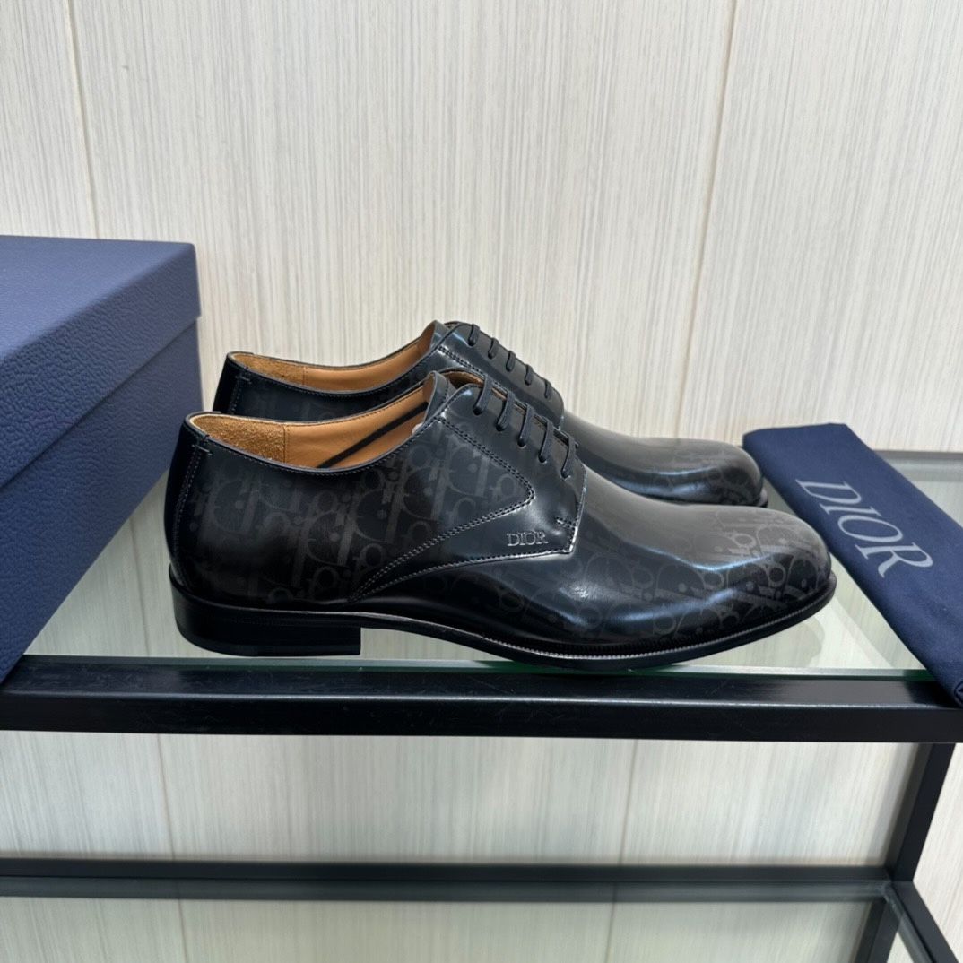 Giày Tây Dior Oxford Màu Đen Bóng Họa Tiết Monogram
