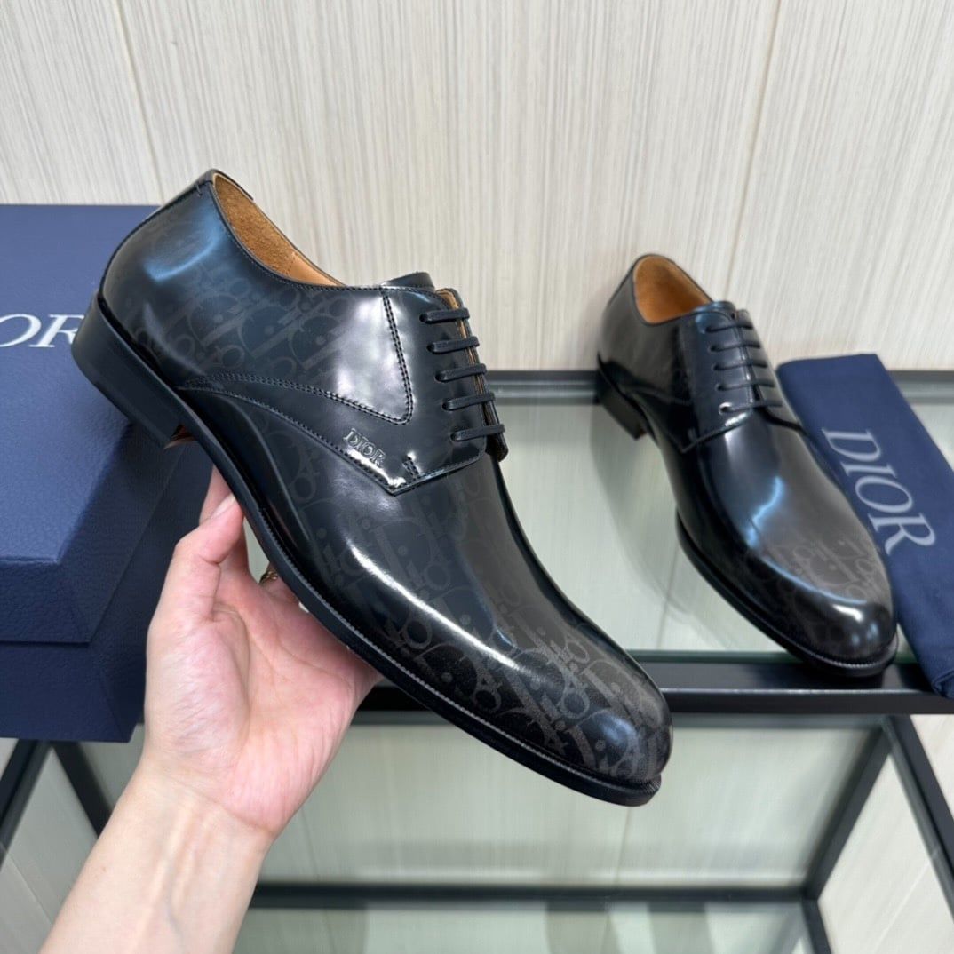 Giày Tây Dior Oxford Màu Đen Bóng Họa Tiết Monogram