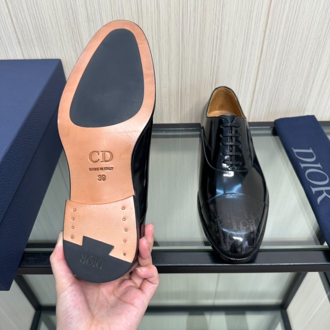 Giày Tây Dior Oxford Màu Đen Bóng Họa Tiết Monogram