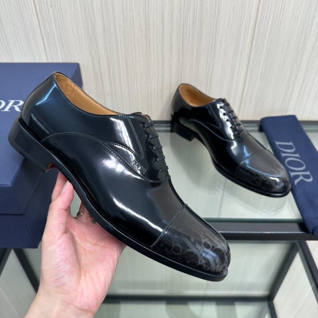 Giày Tây Dior Oxford Màu Đen Bóng Họa Tiết Monogram