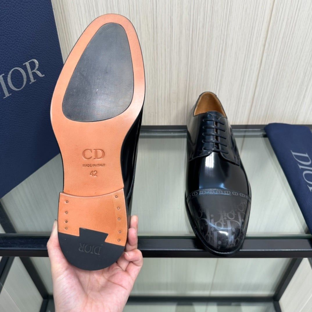Giày Tây Dior Oxford Màu Đen Bóng Họa Tiết Monogram