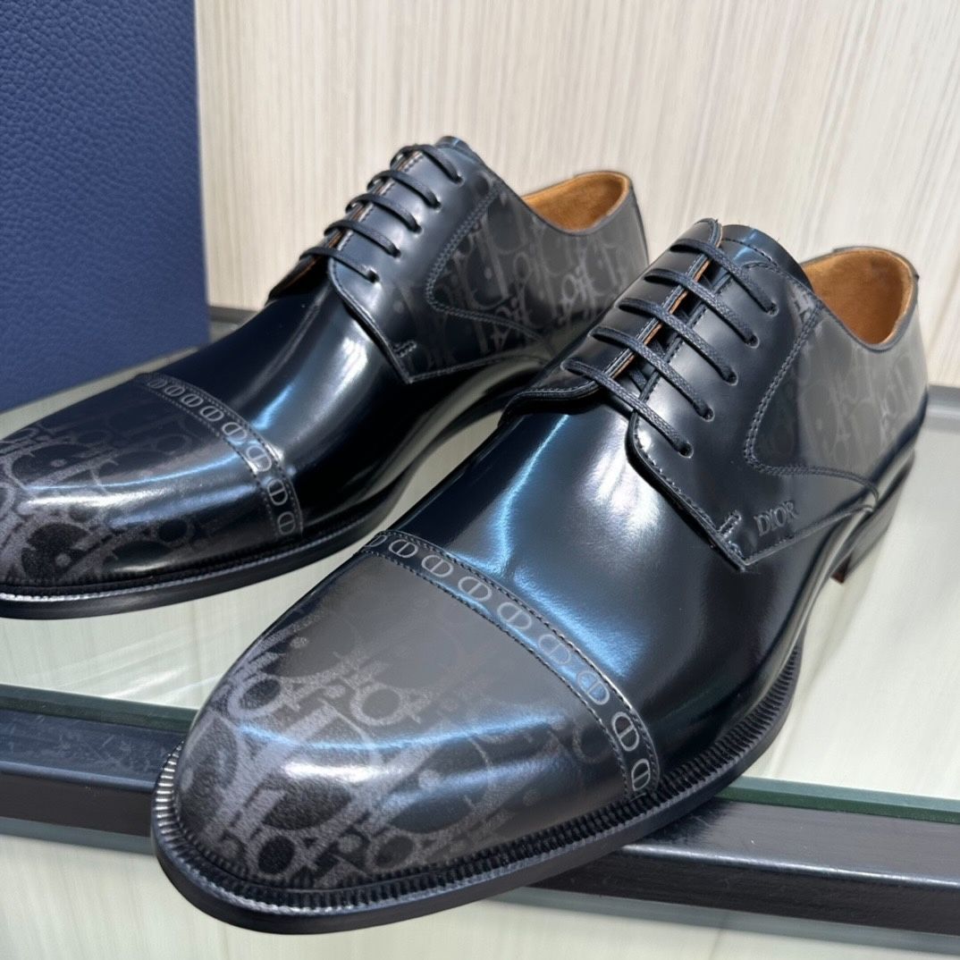 Giày Tây Dior Oxford Màu Đen Bóng Họa Tiết Monogram