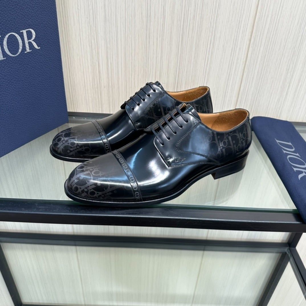 Giày Tây Dior Oxford Màu Đen Bóng Họa Tiết Monogram