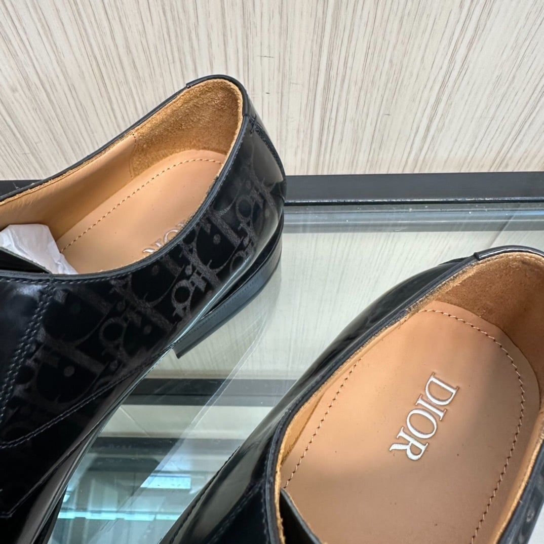 Giày Tây Dior Oxford Màu Đen Bóng Họa Tiết Monogram