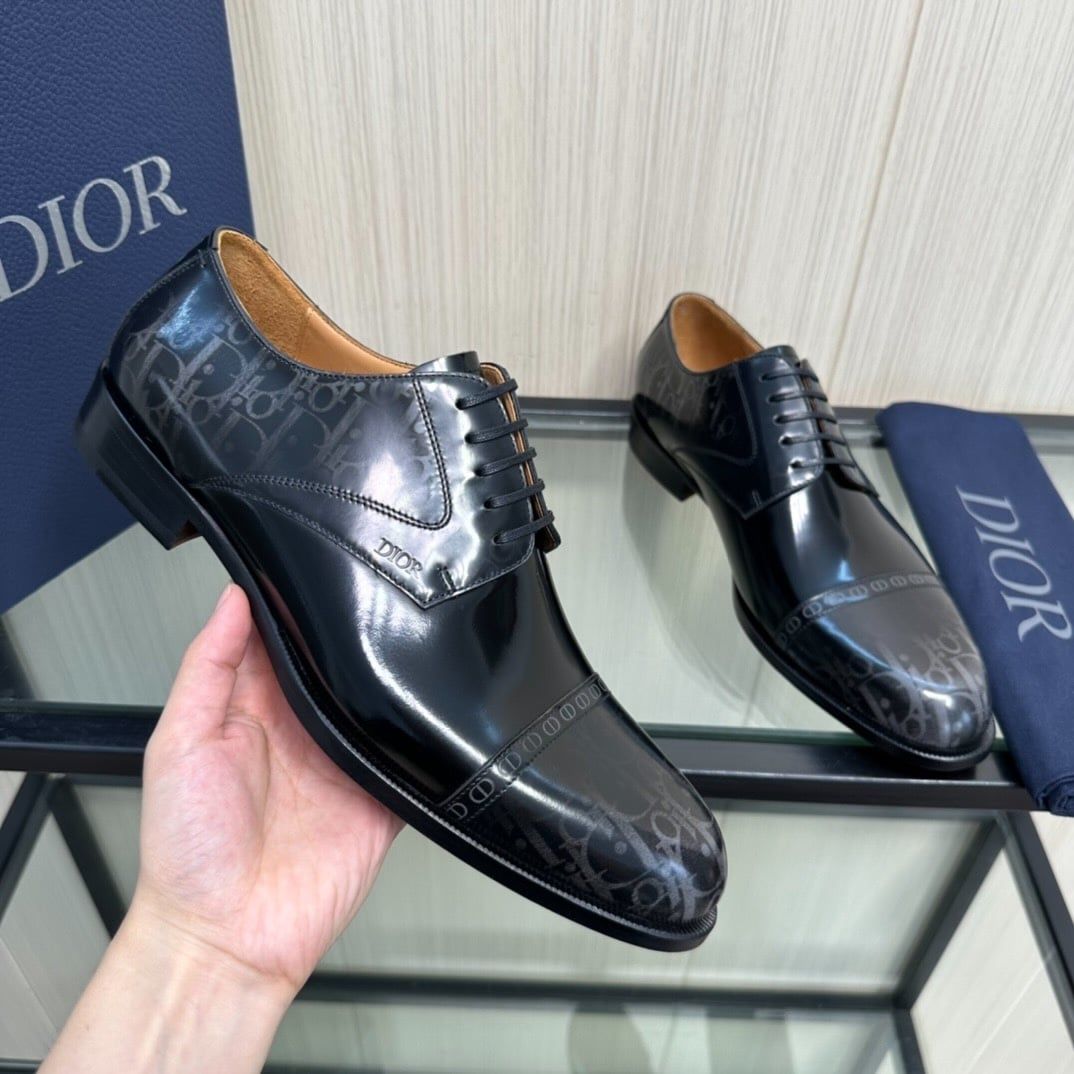 Giày Tây Dior Oxford Màu Đen Bóng Họa Tiết Monogram