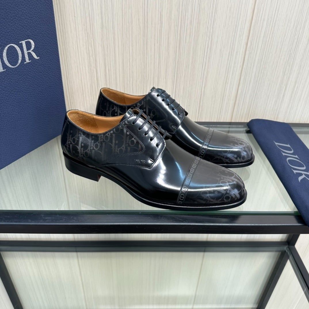 Giày Tây Dior Oxford Màu Đen Bóng Họa Tiết Monogram