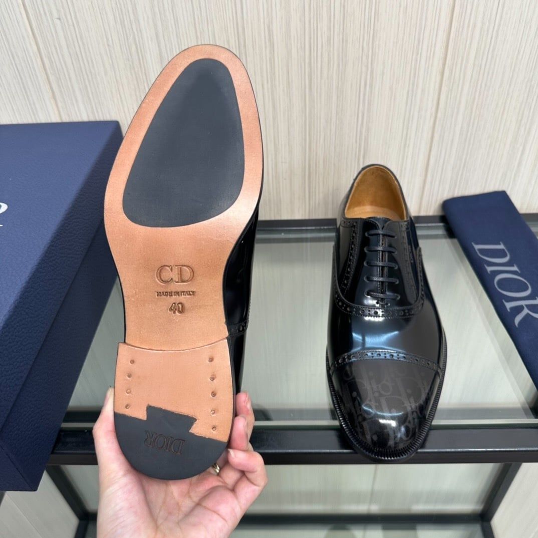 Giày Tây Dior Oxford Màu Đen Bóng Họa Tiết Monogram